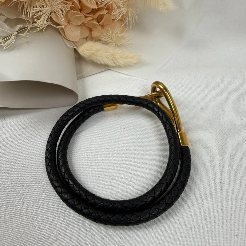 狀態良好 HERMES 愛馬仕 金勾雙圈黑色皮革編織手環 男女適用-1
