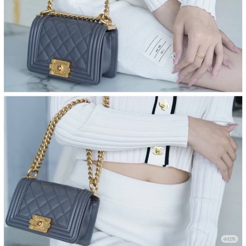 Chanel miniLeboy灰色金扣 荔枝皮 15*10*5.5  95新 配件塵袋-1