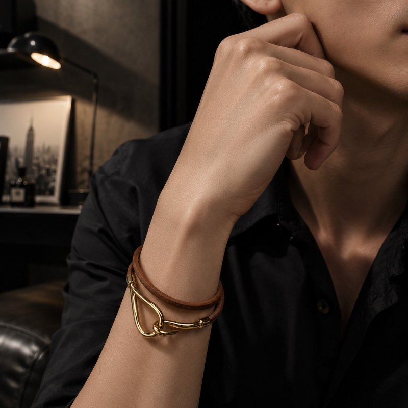 狀態良好 HERMES 愛馬仕 金勾雙圈皮革手環 男女適用-10