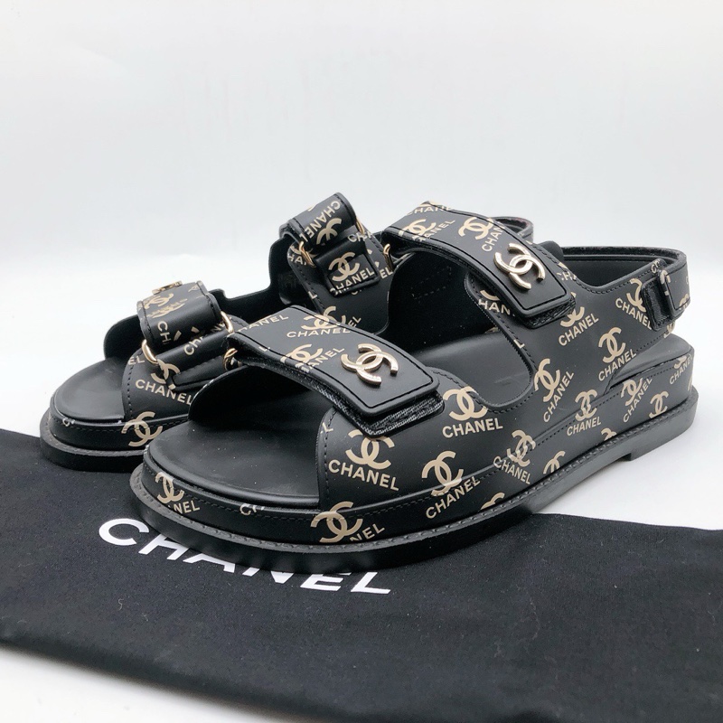 99新Chanel香奈兒黑色滿印魔術貼涼拖沙灘涼鞋 尺碼：36碼-0
