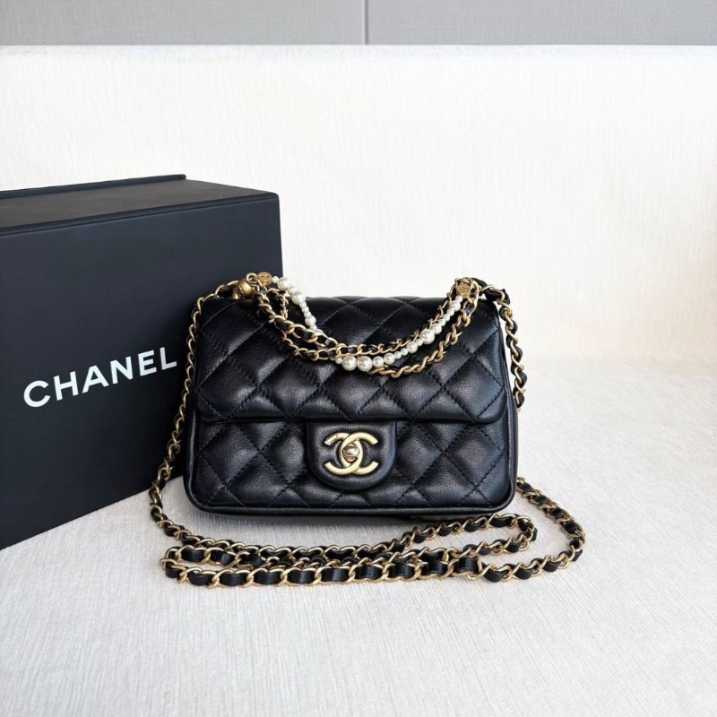 Chanel 黑金24p珍珠鏈條方胖子 芯片款 黑色 金扣 羊皮 17*13*5 95新 配件購證 盒子 塵袋-5