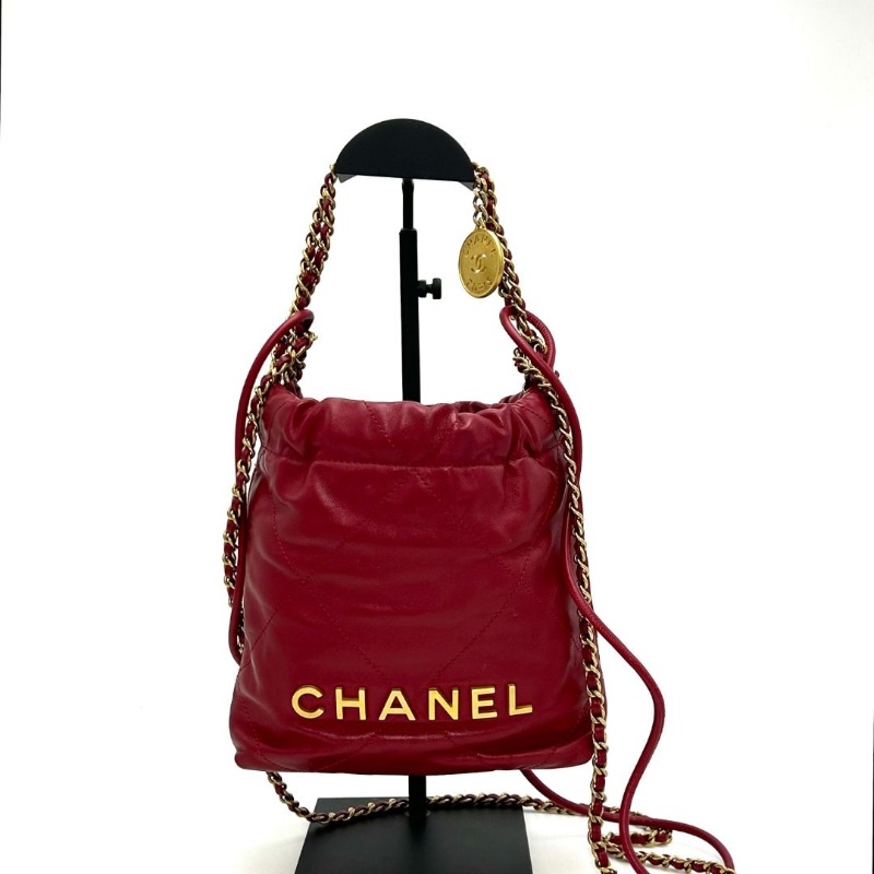 CHANEL 紅色金扣22bagmini 垃圾袋肩背斜背包17*19*6 9新 配件塵袋-1