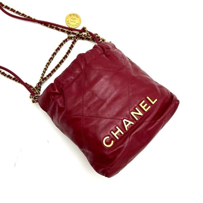 CHANEL 紅色金扣22bagmini 垃圾袋肩背斜背包17*19*6 9新 配件塵袋-2