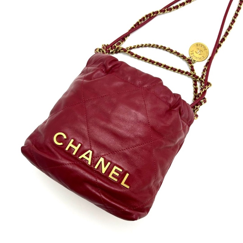 CHANEL 紅色金扣22bagmini 垃圾袋肩背斜背包17*19*6 9新 配件塵袋-3