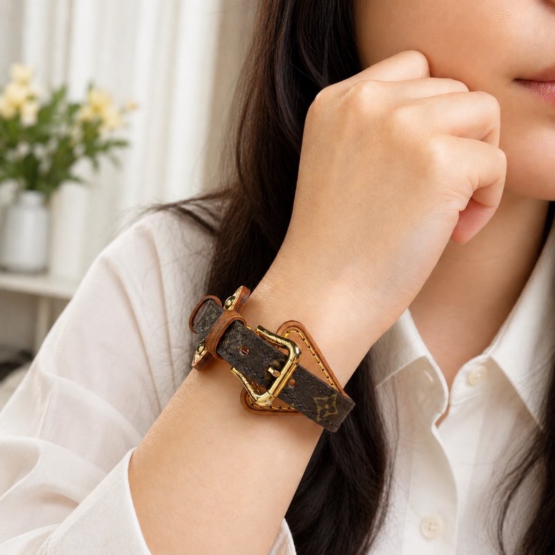 狀態良好 LV Monogram Theda Bracelet 老花 皮革手環 男女適用-12