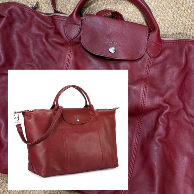 Longchamp Le Pliage Cuir 真皮摺疊包 酒紅色｜附長背帶-0