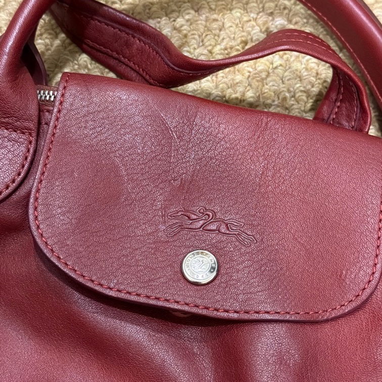 Longchamp Le Pliage Cuir 真皮摺疊包 酒紅色｜附長背帶-2