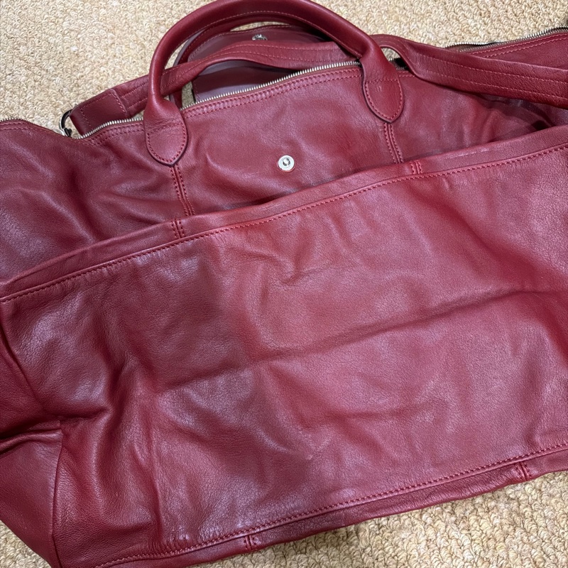 Longchamp Le Pliage Cuir 真皮摺疊包 酒紅色｜附長背帶-3
