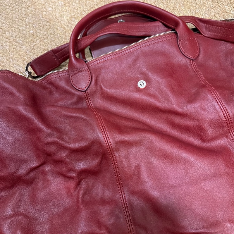 Longchamp Le Pliage Cuir 真皮摺疊包 酒紅色｜附長背帶-4