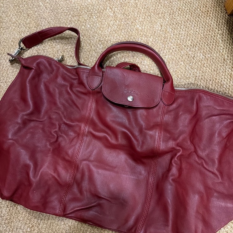 Longchamp Le Pliage Cuir 真皮摺疊包 酒紅色｜附長背帶-5