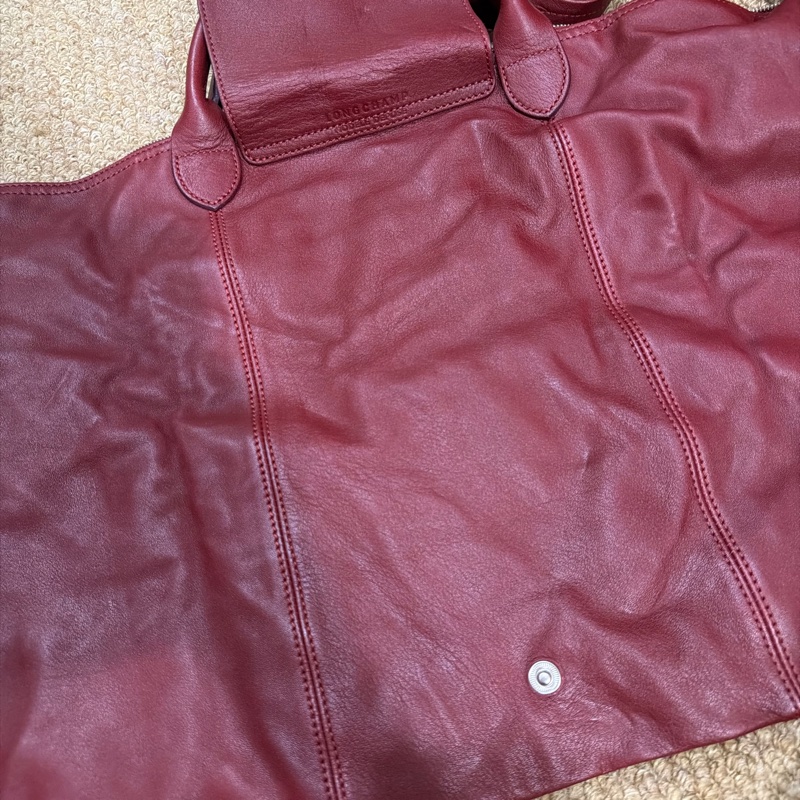 Longchamp Le Pliage Cuir 真皮摺疊包 酒紅色｜附長背帶-6