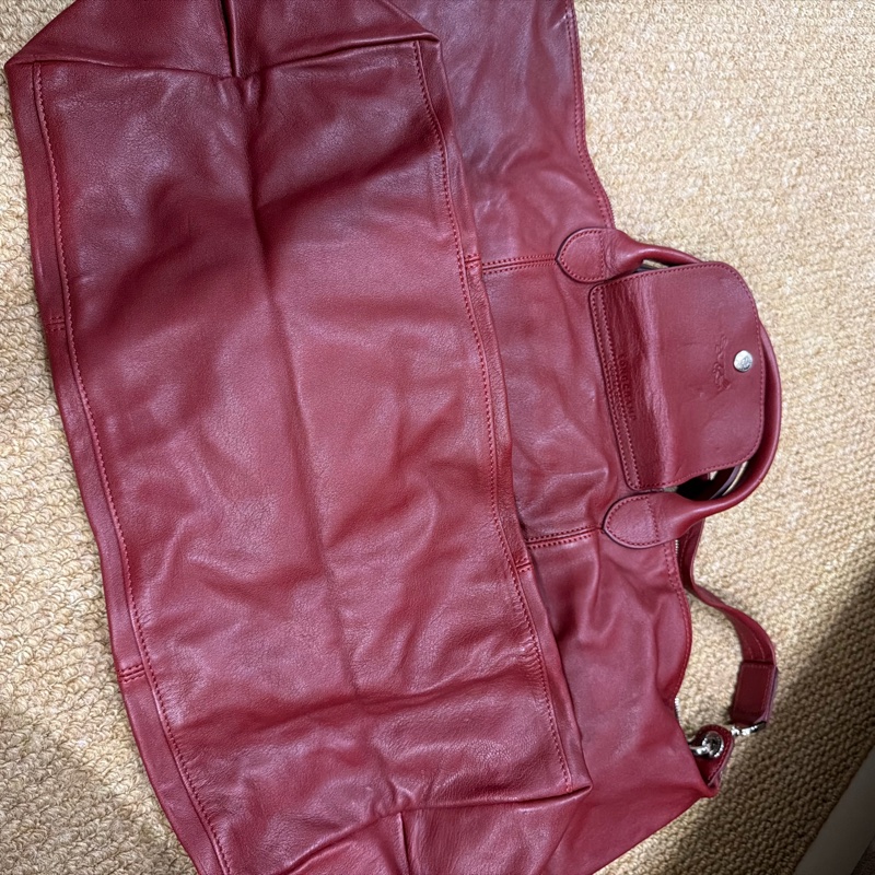 Longchamp Le Pliage Cuir 真皮摺疊包 酒紅色｜附長背帶-7