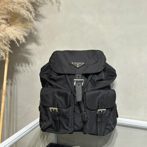 PRADA Re-Nylon雙口袋束繩後背包 - 小號黑銀