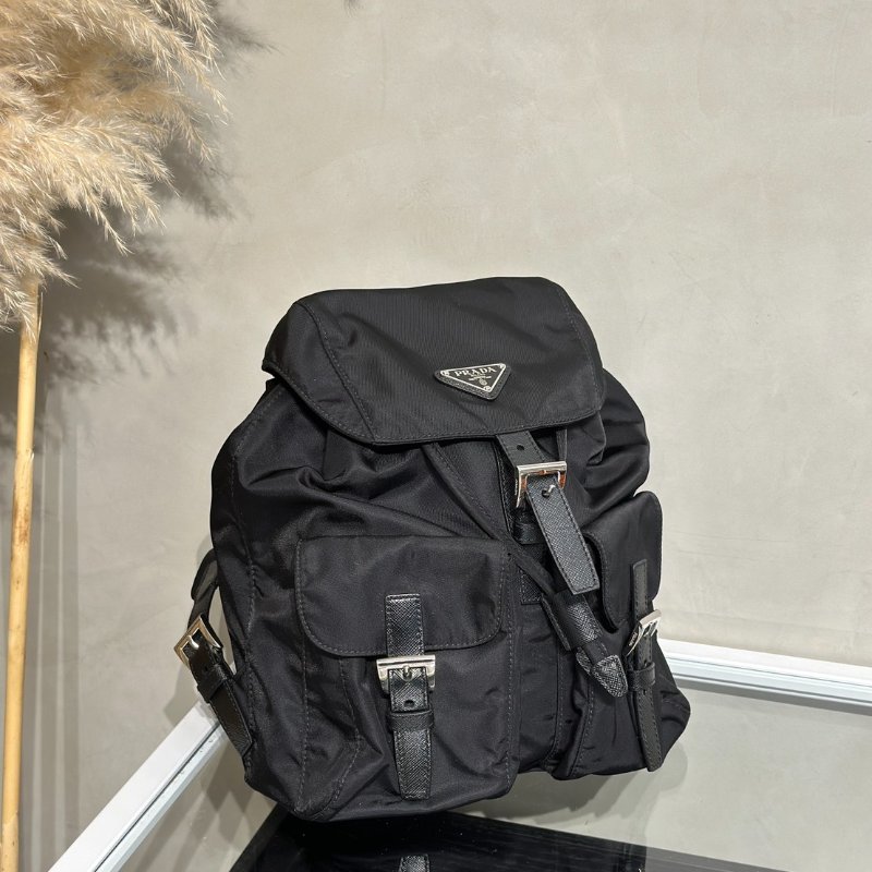 PRADA Re-Nylon雙口袋束繩後背包 - 小號黑銀-2