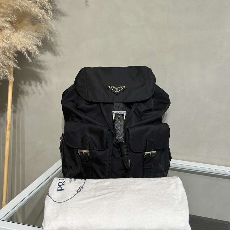 PRADA Re-Nylon雙口袋束繩後背包 - 小號黑銀-20