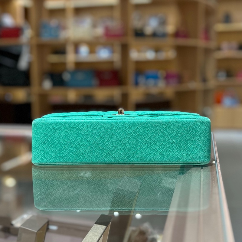 chanel香奈儿cf薄荷绿荔枝皮银扣中号手提包-4