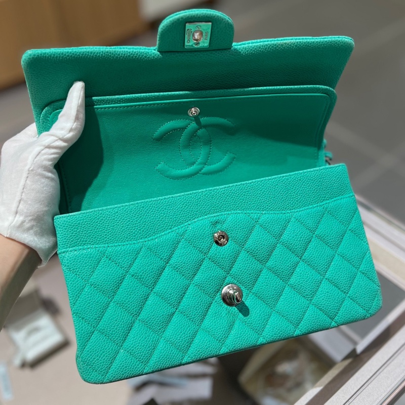 chanel香奈儿cf薄荷绿荔枝皮银扣中号手提包-5
