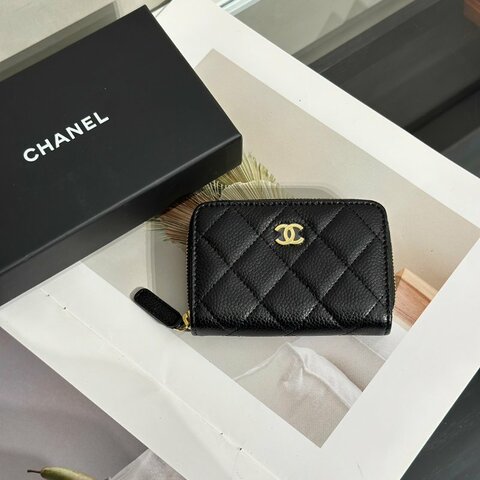 CHANEL 經典粒面牛皮拉鍊零錢包 - 黑金