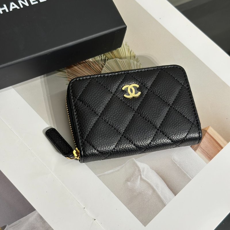 CHANEL 經典粒面牛皮拉鍊零錢包 - 黑金-1