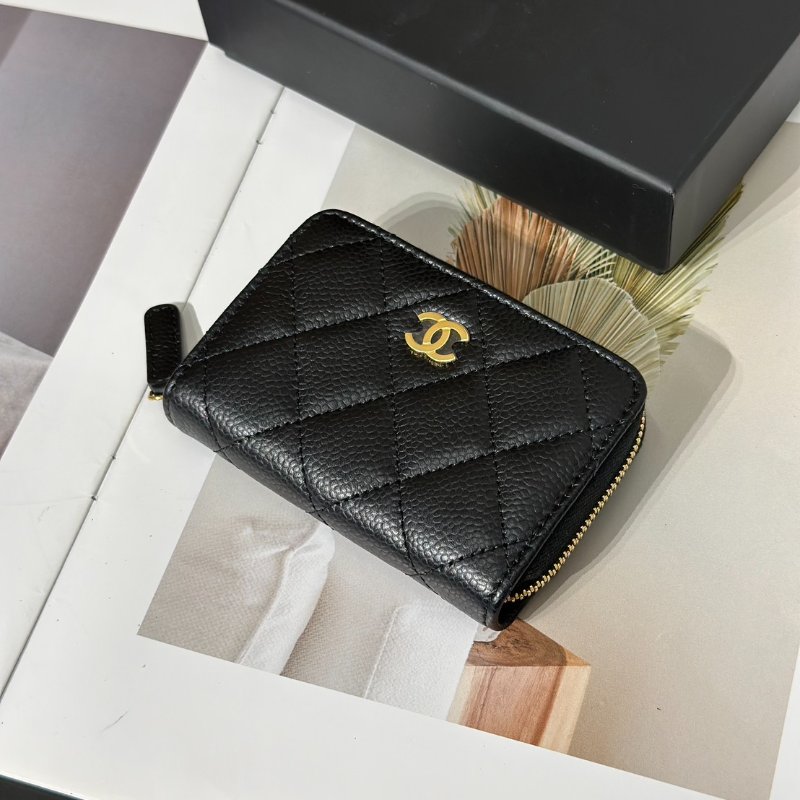CHANEL 經典粒面牛皮拉鍊零錢包 - 黑金-2