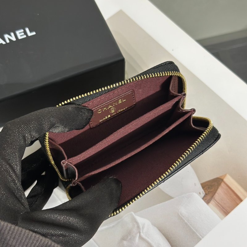 CHANEL 經典粒面牛皮拉鍊零錢包 - 黑金-4