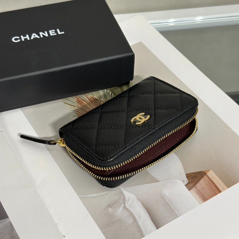 CHANEL 經典粒面牛皮拉鍊零錢包 - 黑金-5