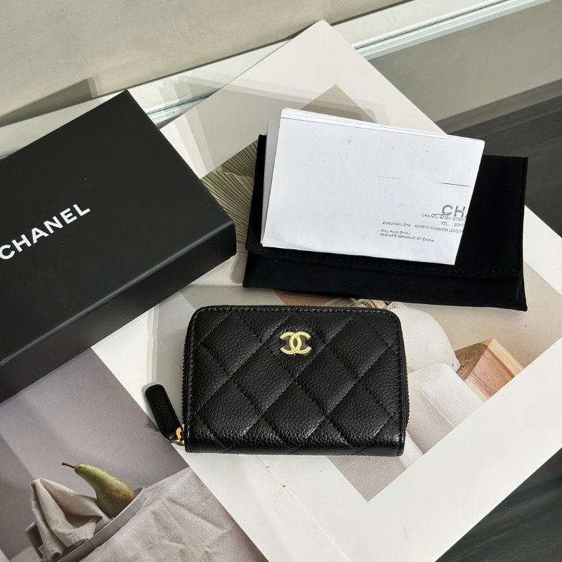 CHANEL 經典粒面牛皮拉鍊零錢包 - 黑金-6