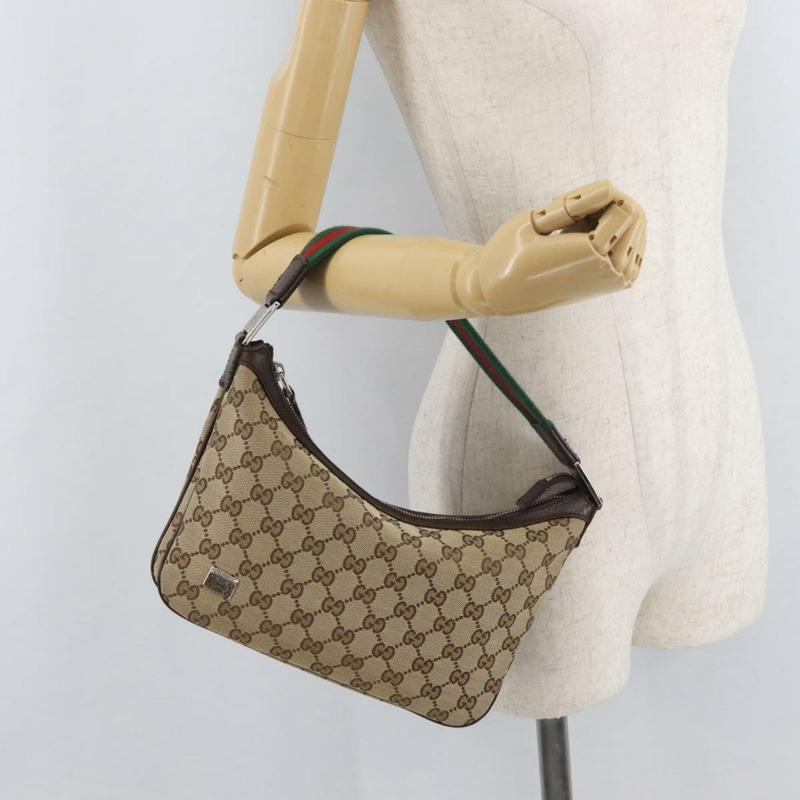 【日本直送】GUCCI GG帆布織帶雪莉線單肩包 米色 銀色 145812 正品 178330A-21