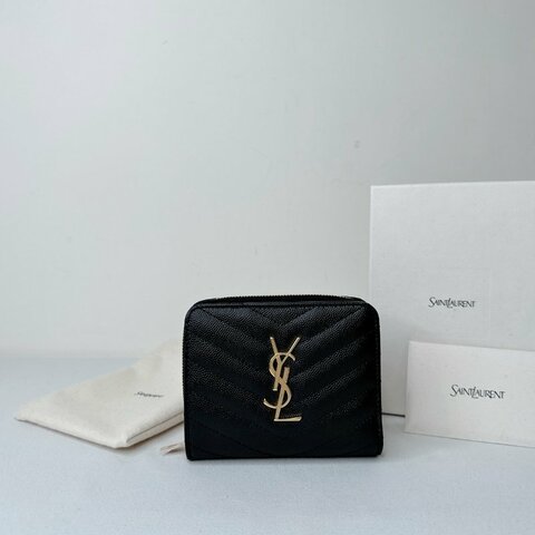 YSL 全新黑金荔枝牛短夾