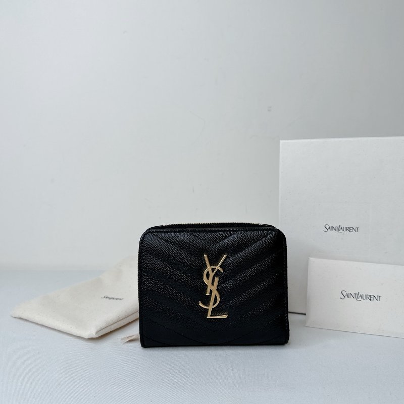 YSL 全新黑金荔枝牛短夾-0