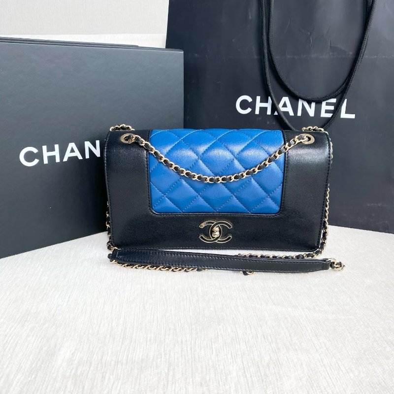 Chanel 琺瑯扣翻蓋鏈條包 黑藍拼色 金扣 牛皮 23*14*6 99新配件盒子 塵袋 保卡 購證-5