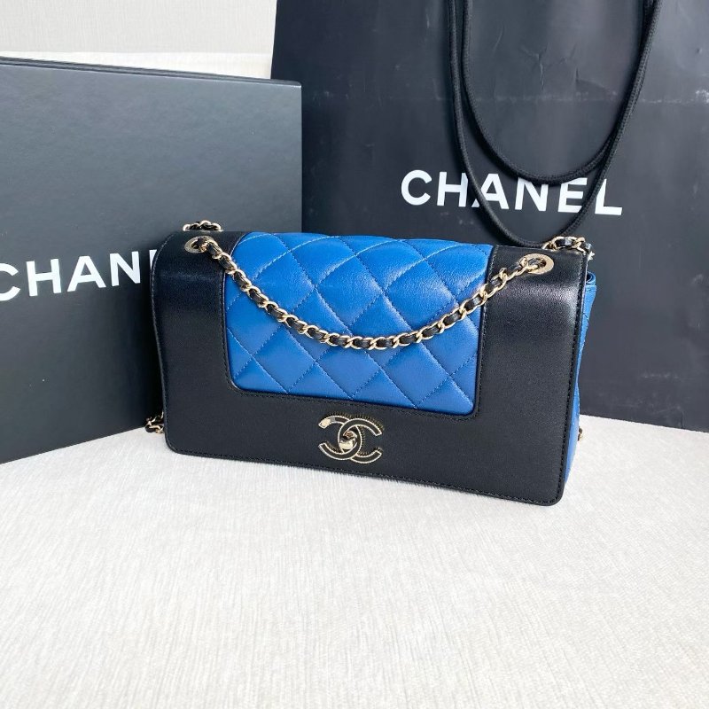 Chanel 琺瑯扣翻蓋鏈條包 黑藍拼色 金扣 牛皮 23*14*6 99新配件盒子 塵袋 保卡 購證-7