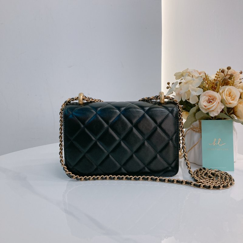 MS0722 Chanel 香奈兒羊皮雙肩鏈條斜挎包 黑色金扣 Flap Bag 18cm With Chain And Small Ball Lambskin Black x GHW-3