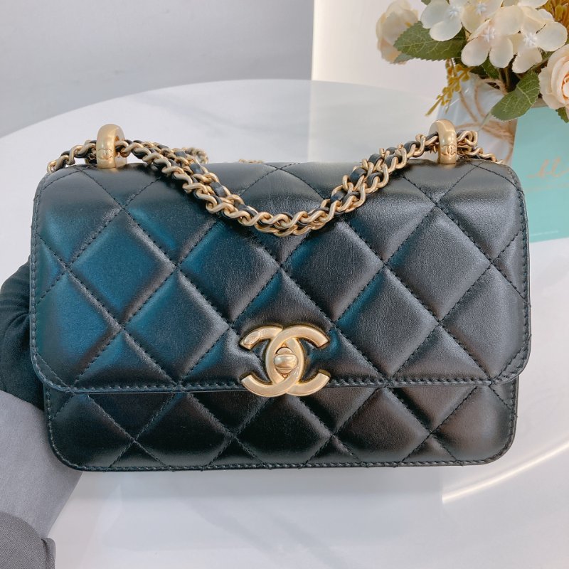MS0722 Chanel 香奈兒羊皮雙肩鏈條斜挎包 黑色金扣 Flap Bag 18cm With Chain And Small Ball Lambskin Black x GHW-11