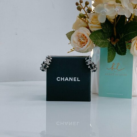MS0720 Chanel 香奈兒雙C牛皮銀扣耳環 CC Logo Hooping Chain and Calfskin Black x PHW