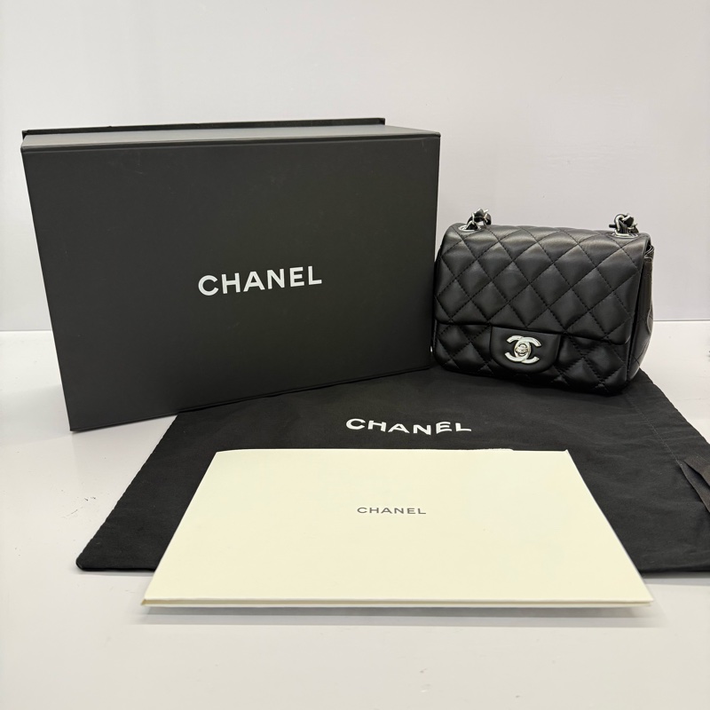 CHANEL 香奈兒 黑色羊皮MINI鏈條斜背包 RFID MICROCHIP A35200-2