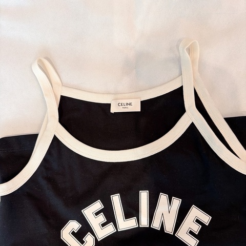 二手精品自賣❤️Celine經典款凱旋門黑色logo細肩帶背心.XS近全新