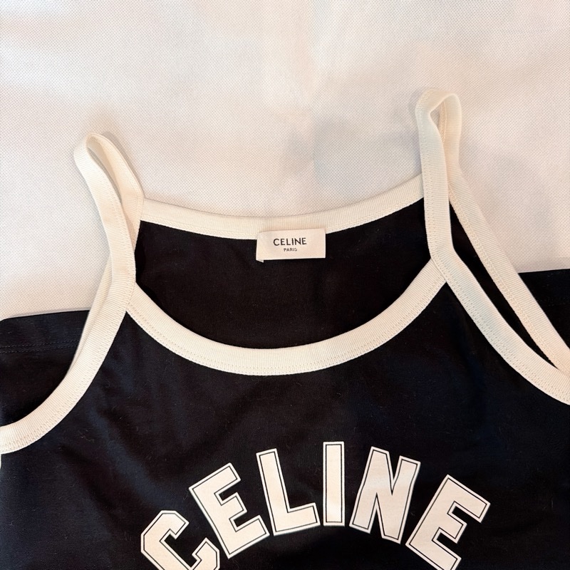 二手精品自賣❤️Celine經典款凱旋門黑色logo細肩帶背心.XS近全新-0