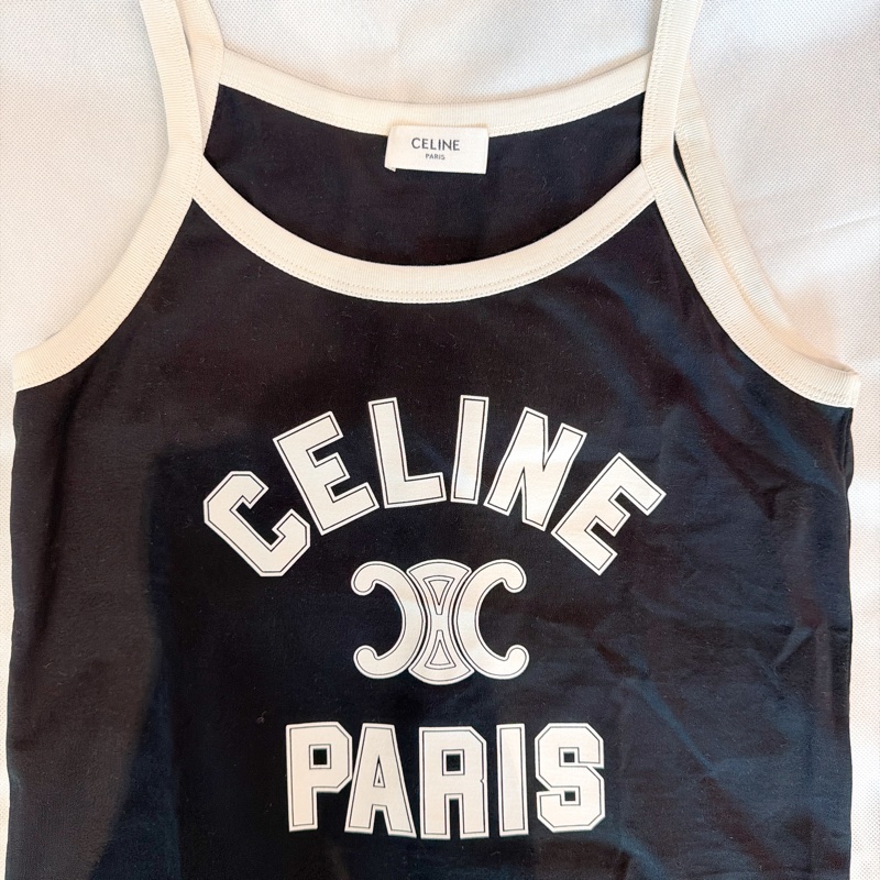 二手精品自賣❤️Celine經典款凱旋門黑色logo細肩帶背心.XS近全新-1