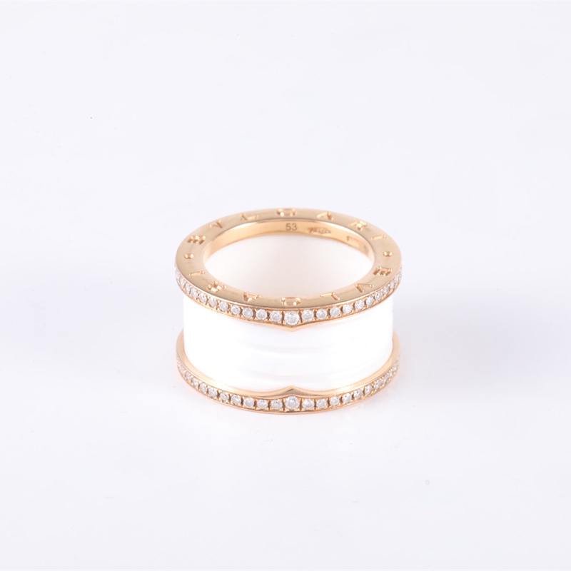 BVLGARI B.ZERO1彈簧戒指四圈雙邊鑽18K黃金/鑽石/白陶瓷53-3