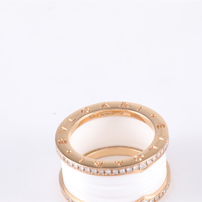 BVLGARI B.ZERO1彈簧戒指四圈雙邊鑽18K黃金/鑽石/白陶瓷53-4
