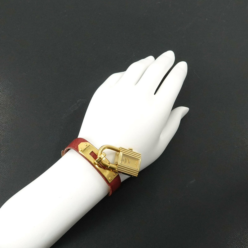 愛馬仕凱莉女士腕錶，金色和紅色石英錶，帶掛鎖-3