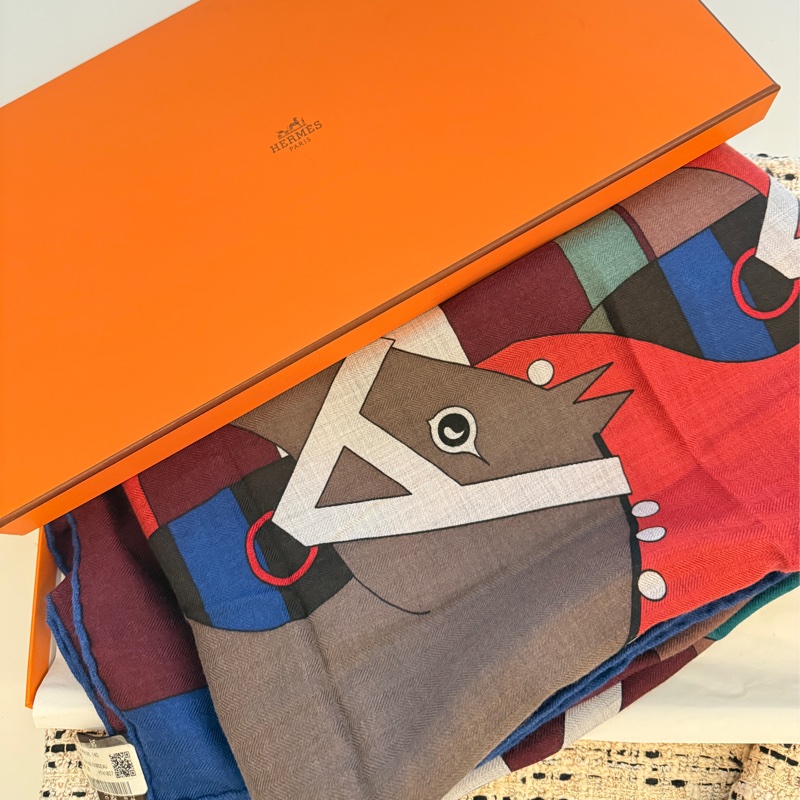 Hermes Rocabar駿馬圖喀什米爾羊毛混絲方型大披肩圍巾-紅棕色/藍色-1
