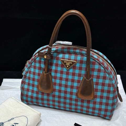 ✨98新🆕Prada /普拉達 藍紅格紋保齡球包單肩包 寶藏中古款❤️正品保障