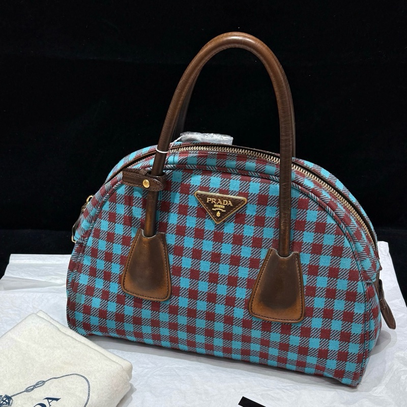 ✨98新🆕Prada /普拉達 藍紅格紋保齡球包單肩包 寶藏中古款❤️正品保障-0