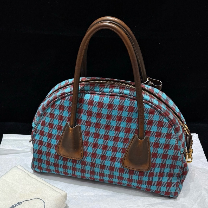 ✨98新🆕Prada /普拉達 藍紅格紋保齡球包單肩包 寶藏中古款❤️正品保障-1