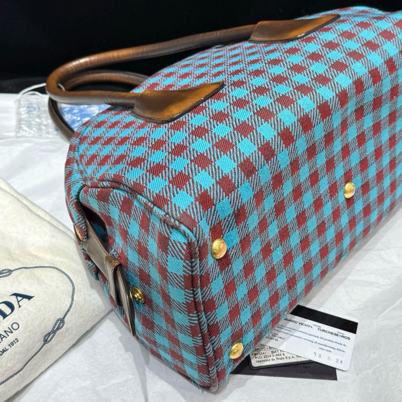 ✨98新🆕Prada /普拉達 藍紅格紋保齡球包單肩包 寶藏中古款❤️正品保障-2