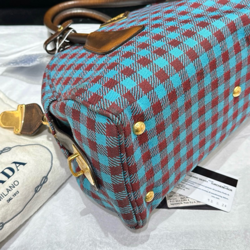 ✨98新🆕Prada /普拉達 藍紅格紋保齡球包單肩包 寶藏中古款❤️正品保障-3