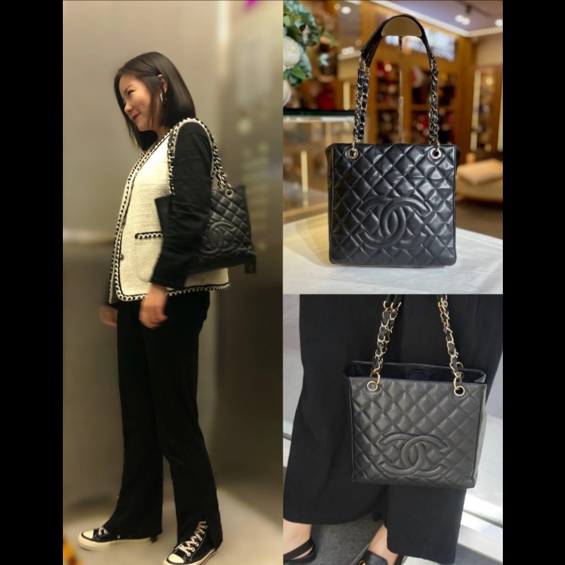 香奈兒 Chanel 黑色 荔枝皮 PST 鍊條包 肩背包 手提包-3