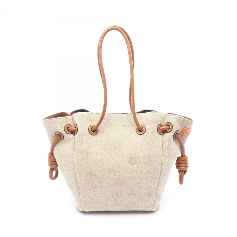 LOEWE Flamenco 結飾小號托特包 321.39.T31 帆布皮革 米色 棕色 二手-0